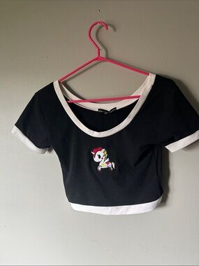 tokidoki Black Crop Top with White Trim and Unicorn Patch